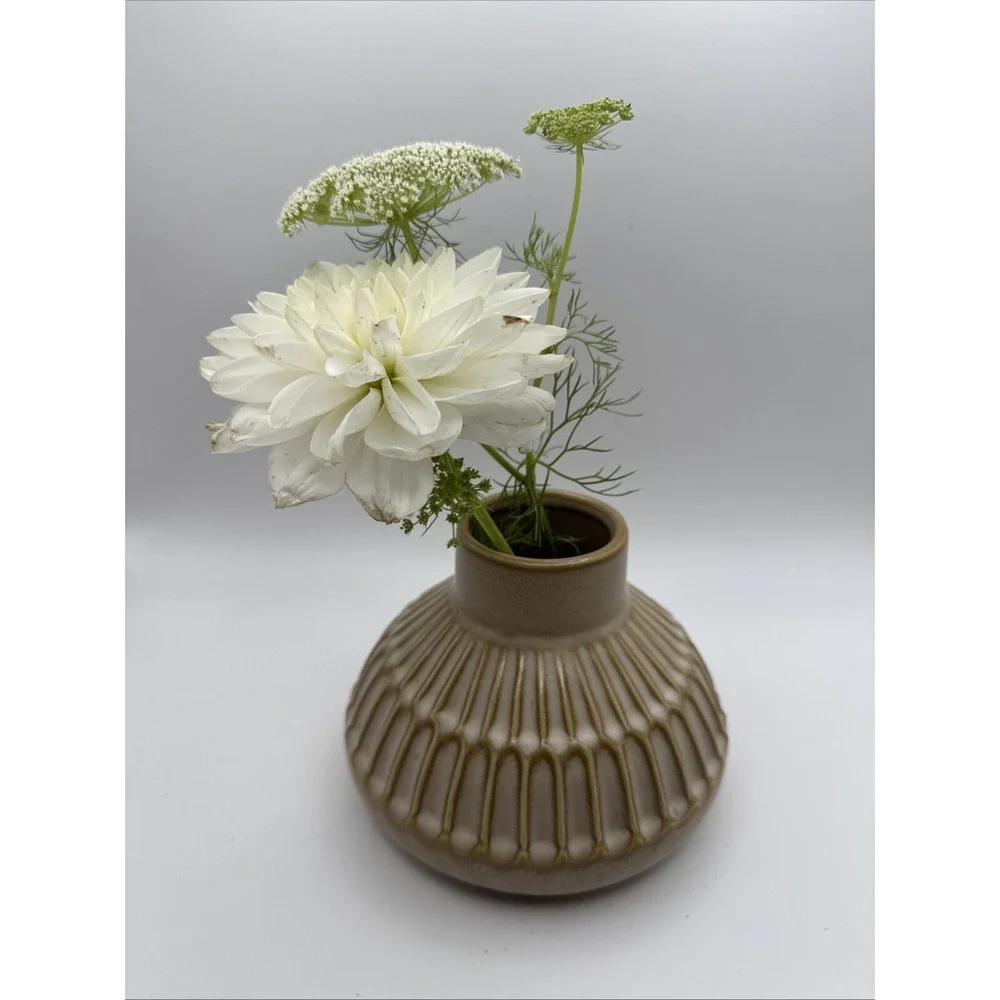 Bloomingville Vase Embossed Ceramic Neutral Reactive Glaze Short Farmhouse Style